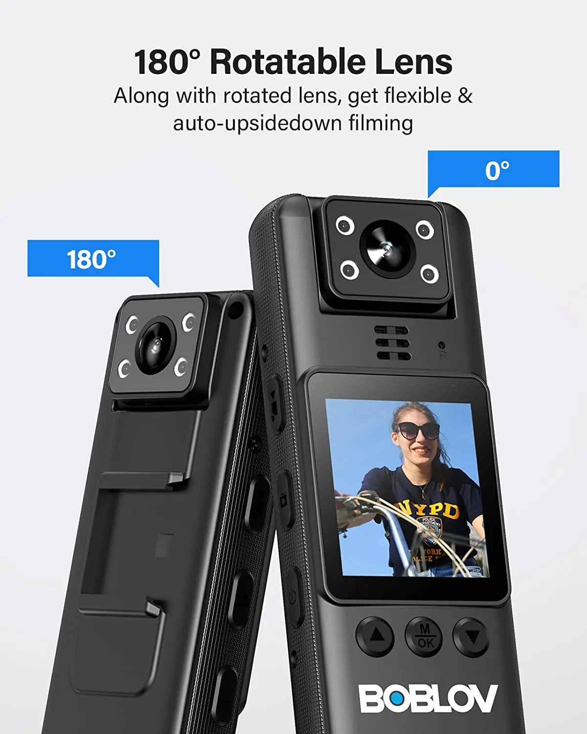 BOBLOV A23 Body Worn Camera 180° Rotatable Video Camera 9Hours Recording Night Vision 1080P Body Mounted Video Cameras
