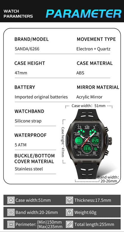 SADNA 6266 Popular Student Watch Wine Barrel Curved Mirror Alarm Clock Timer Waterproof Student Electronic Watch 2025