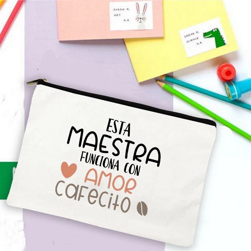 School Stationery Supplies Storage Bags  Rainbow Teacher Spanish Printed Teacher Pencil Cases Travel Wash Pouch Gifts Makeup Bag