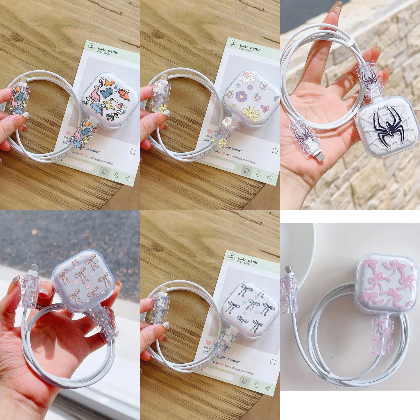 3-piece set Pink Bow Set Cable Protector for iPhone 20W UK HK Plug Charger Case Phone Wire Cord Organizers