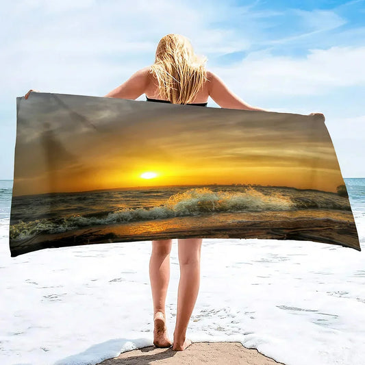 Beach towel with sea sunset pattern sunscreen and windproof suitable for beach, swimming pool, camping and travel beach blanket