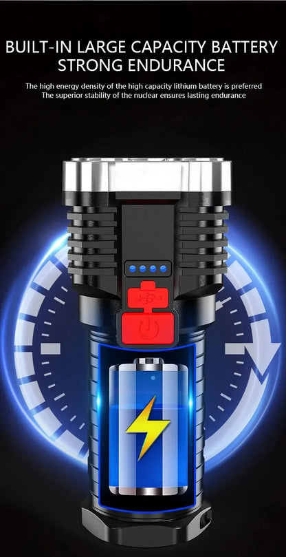 5LED High Power Led Flashlights Rechargeable Camping Spotlight with Side Light 3 Lighting Modes for Camping Adventure Outdoor