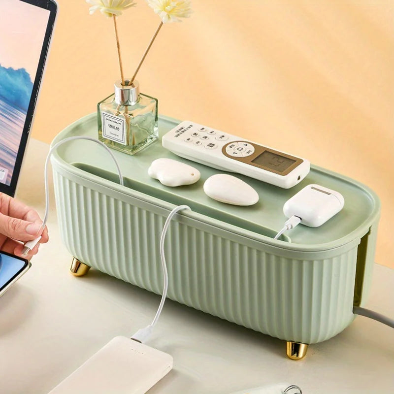Multifunctional Cable Management Box – Stylish white plastic desktop organizer for power cords