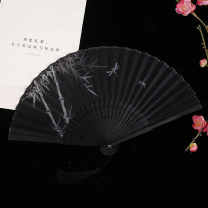 Bamboo Folding Fan Silk Chinese Fan Hand Women Black Fan Summer Female Dance Home Decoration Party Gift Home Ornament Fan Black