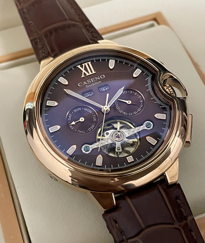 CASENO Fashion Trend Men's Blue Light Glass Night Light Scale Multi functional Fully Automatic Tourbillon Mechanical Watch 831BG