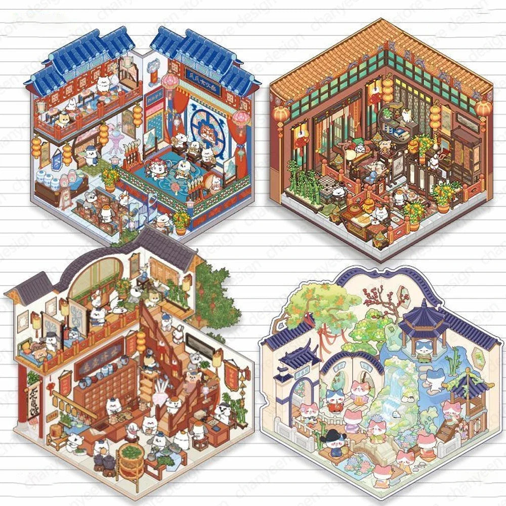 Cartoon 3D Chinatown Landscape Sticker Theater Pharmacy Restaurant DIY Pocket Cabin Scene Stickers Gift for Kid Child