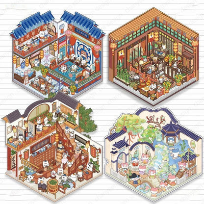 Cartoon 3D Chinatown Landscape Sticker Theater Pharmacy Restaurant DIY Pocket Cabin Scene Stickers Gift for Kid Child