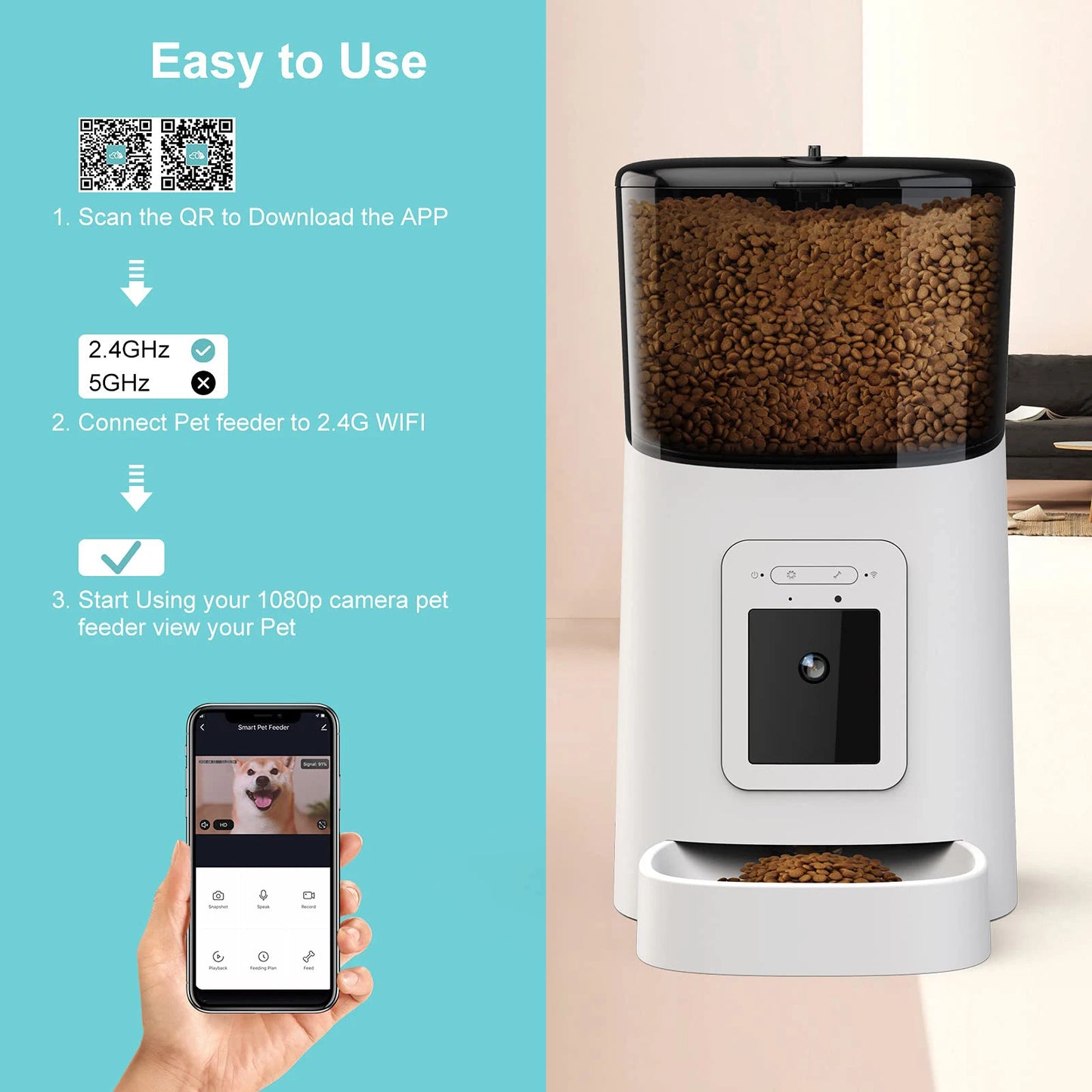Video Automatic Pet Feeder with HD Camera, Food Dispenser for Cats and Dogs WiFi Smart Feeder with Camera 6L 2-Way Audio,Mobile