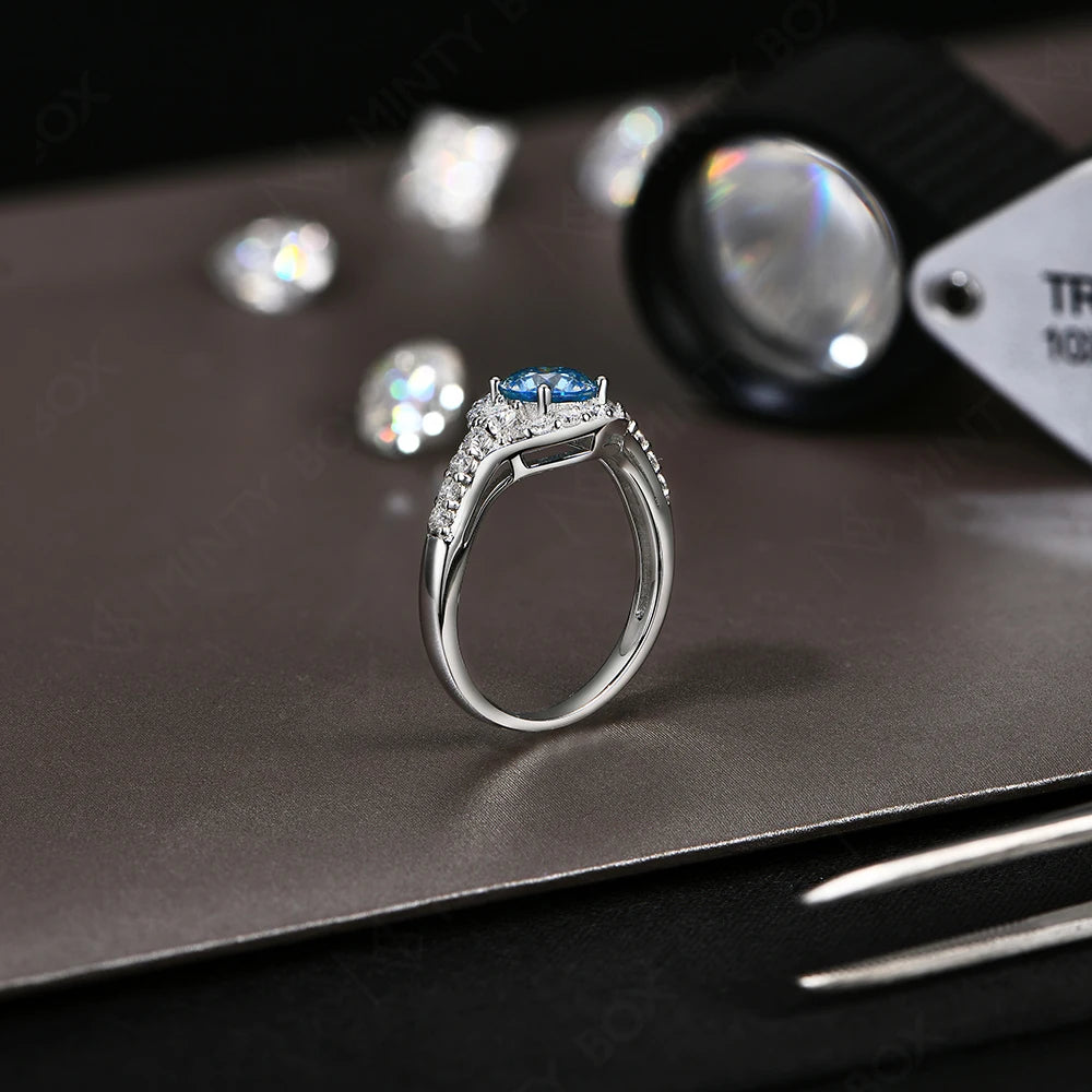 MINTYBOX 1.0ct Color Blue Moissanite Ring S925 Silver D VVS1 Lab Grown Diamond Halo Engagement Rings For Women Wedding Jewelry