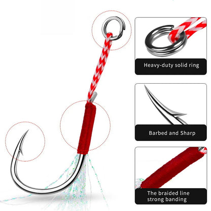 Fishing Hooks 11#-20# Assist Hooks Single Jig Fishhook With Thread Feather Luminous Barbed Hook Sea Hook For Fishing Lure