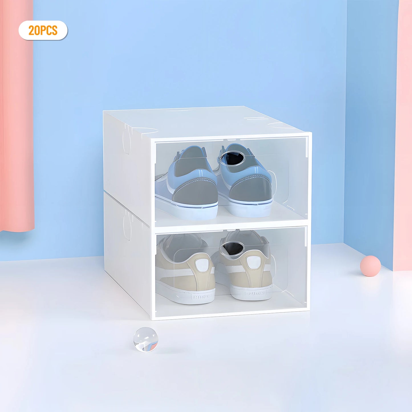 20Pcs Foldable Shoe Storage Boxes with Lids Transparent Stackable Containers Drawer Style PP Plastic Shoe Organizers