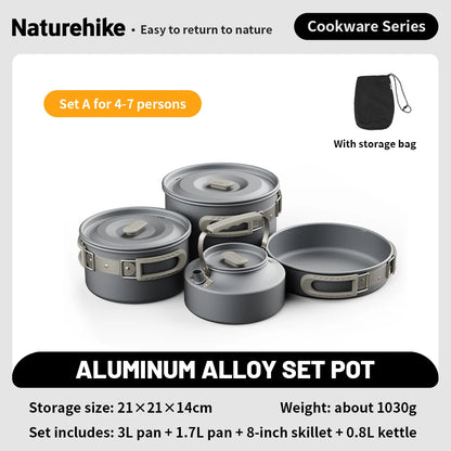 Naturehike Camping Pot Set Aluminum Alloy Cookware Pot Set Portable Outdoor Picnic Tableware Camping Cookware Kit CNK2450CF010