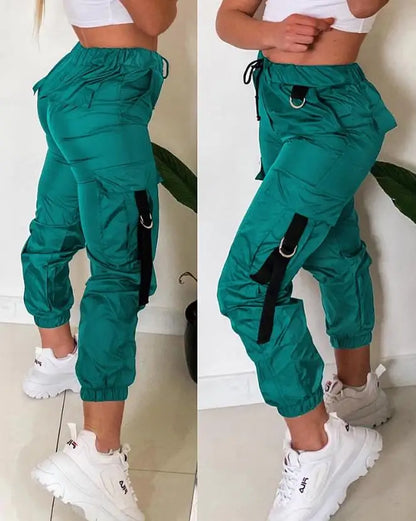 Women's Cargo Pants Casual Trousers 2023 New Solid Color Trend Street Pocket Design Cuff Suspenders Decorative Cargo Pants