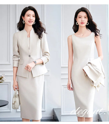 Office Suit Women Collarless Blazer + Vest Dress Set Executive Lady Workwear Elegant 2 Piece Set Long Sleeve Pink Suit Jacket