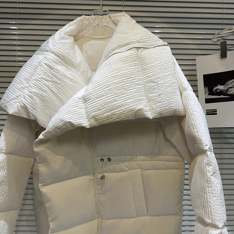Winter Big Turn Down Collar Long Down Jacket Drawstring Striped Thick Knee Length Overcoat Warm White Duck Down Jacket Women