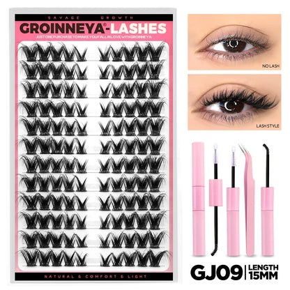 GROINNEYA Lash Clusters Kit DIY Lash Extension Volume Waterproof Individual Lashes Clusters Kit Lash Bond & Seal & Lash Tweezers
