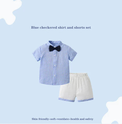 Summer Baby Boys Birthday Clothes Set Children British Style Blue Plaid Shirt with Pants Infants Top Shorts and Bow Kids Outfits