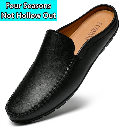 Closed Toe Half Shoes for Men Black Blue Mules Slippers Slip on Genuine Cowhide Leather Luxury Flat Sandals Man Summer 2025