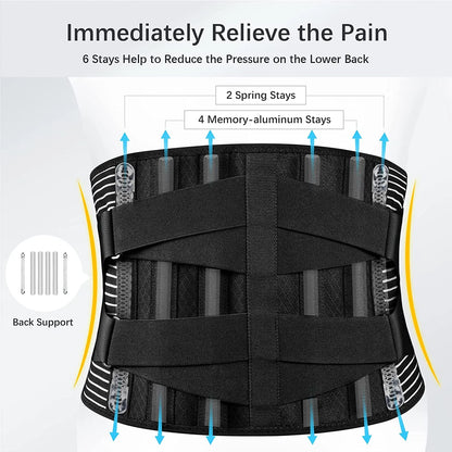 Back Braces for Lower Back Pain Relief with 6 Stays, Breathable Back Support Belt, Anti-skid lumbar support belt with 16-hole