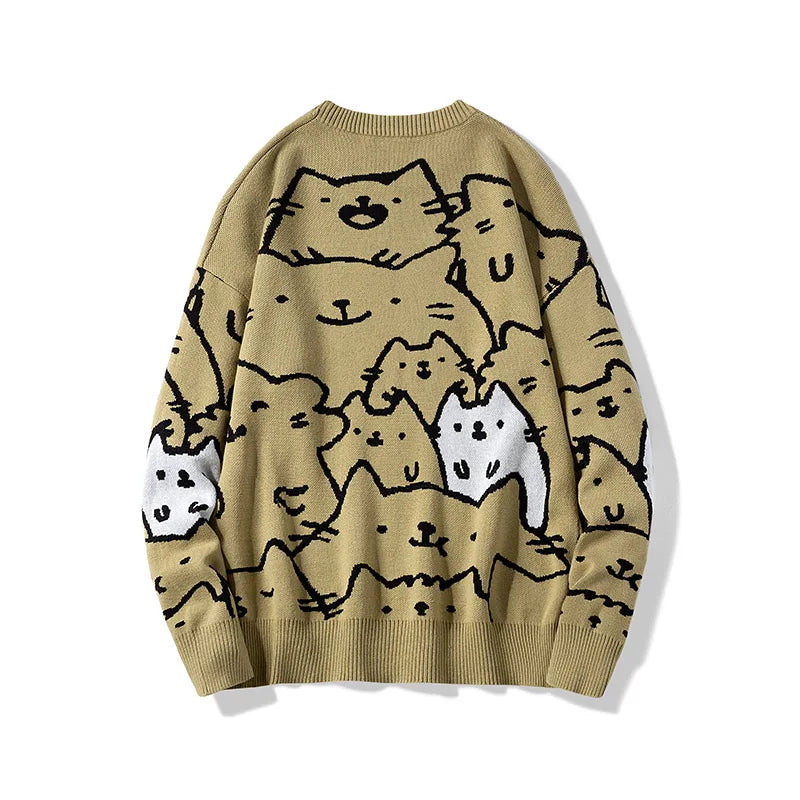 Autumn Cotton Anime Sweaters Men Retro Harajuku Vintage Oversized Sweaters Loose Cute Cartoon Cat Pullovers Homme Men Clothing