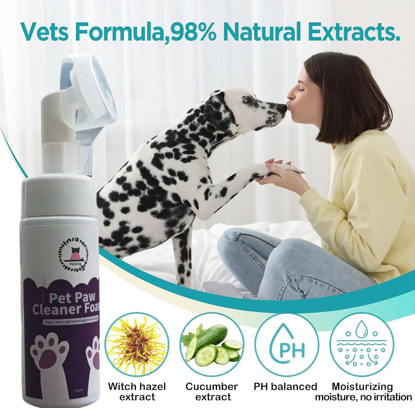 Clean Paws | No-Rinse Dog Paw Cleaner & Puppy Paw Washer | Gentle, Fragrance-Free, pH Balanced Foaming Cleanser with Silicone Br