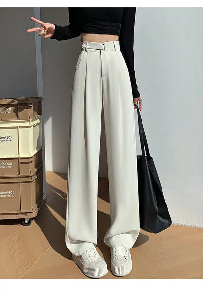 Office Ladies Casual Suit Wide Leg Pants Women Elegant 2025 Spring Summer Fashion Solid Color High Waist Loose Outwear Trousers