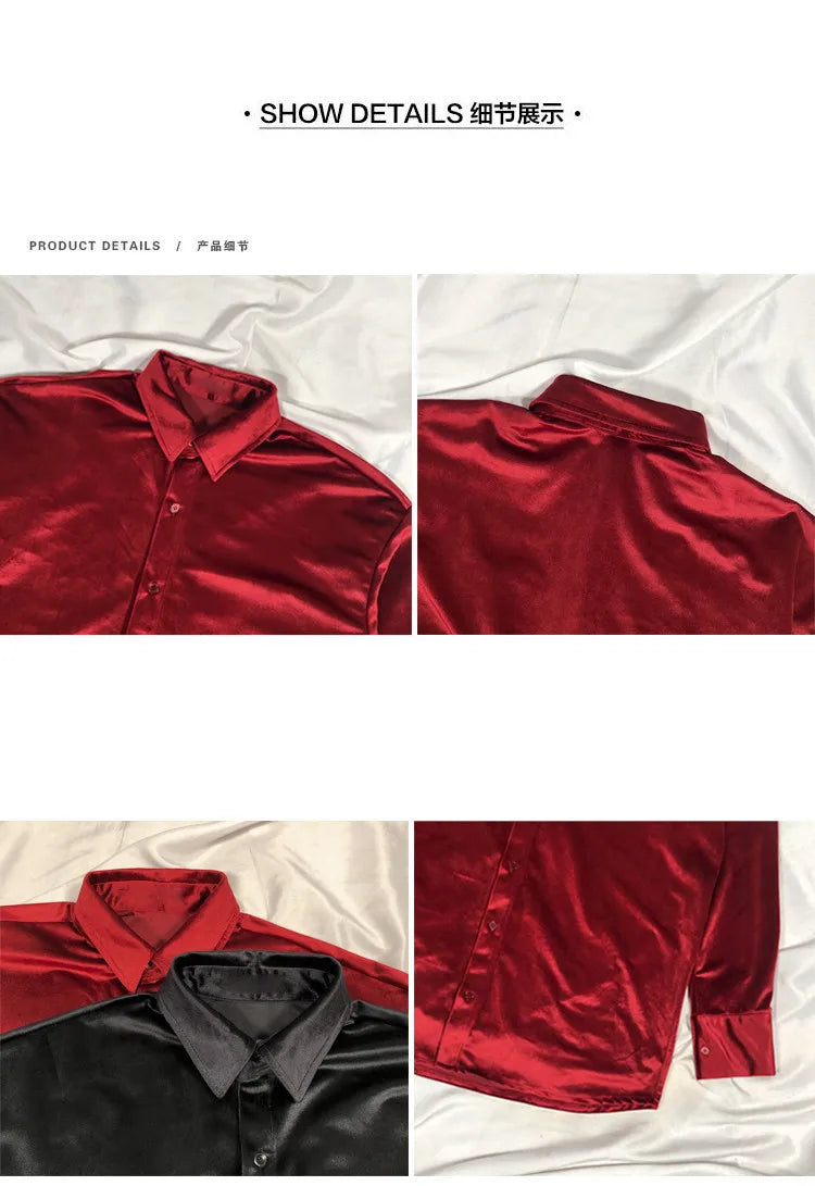 Men's Winter Velvet Shirt Red Black Luxury Clothes For Mens Burgundy chemise velours homme Korean Men Clothing Streetwear