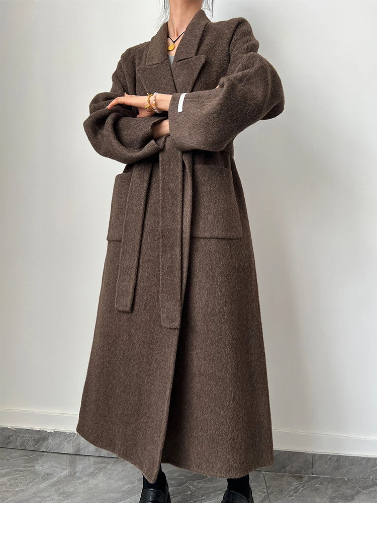 Office Lady Woolen Jackets 2024 Autumn And Winter Bathrobe Style Pocket Double-Sided Loose Lace -Up Tie Women's Long Wool Coats