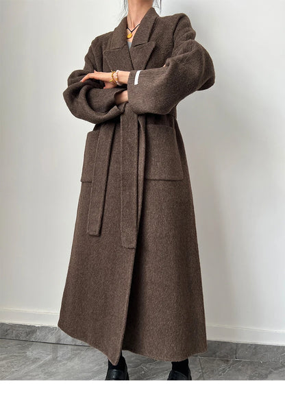 Office Lady Woolen Jackets 2024 Autumn And Winter Bathrobe Style Pocket Double-Sided Loose Lace -Up Tie Women's Long Wool Coats