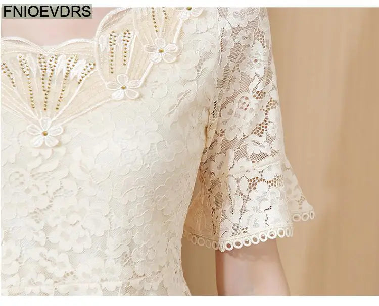 Office Shirts Basic Wear New Design 2025 Women Elegant Fashion Work Lady Bling Beaded Flare Sleeve Lace Tops Blouses