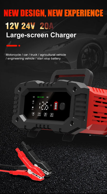 20A/10A Car Motorcycle Battery Charger 12V/24V Smart Charger Lithium AGM GEL Lead-Acid LiFePO4 Battery Chargers