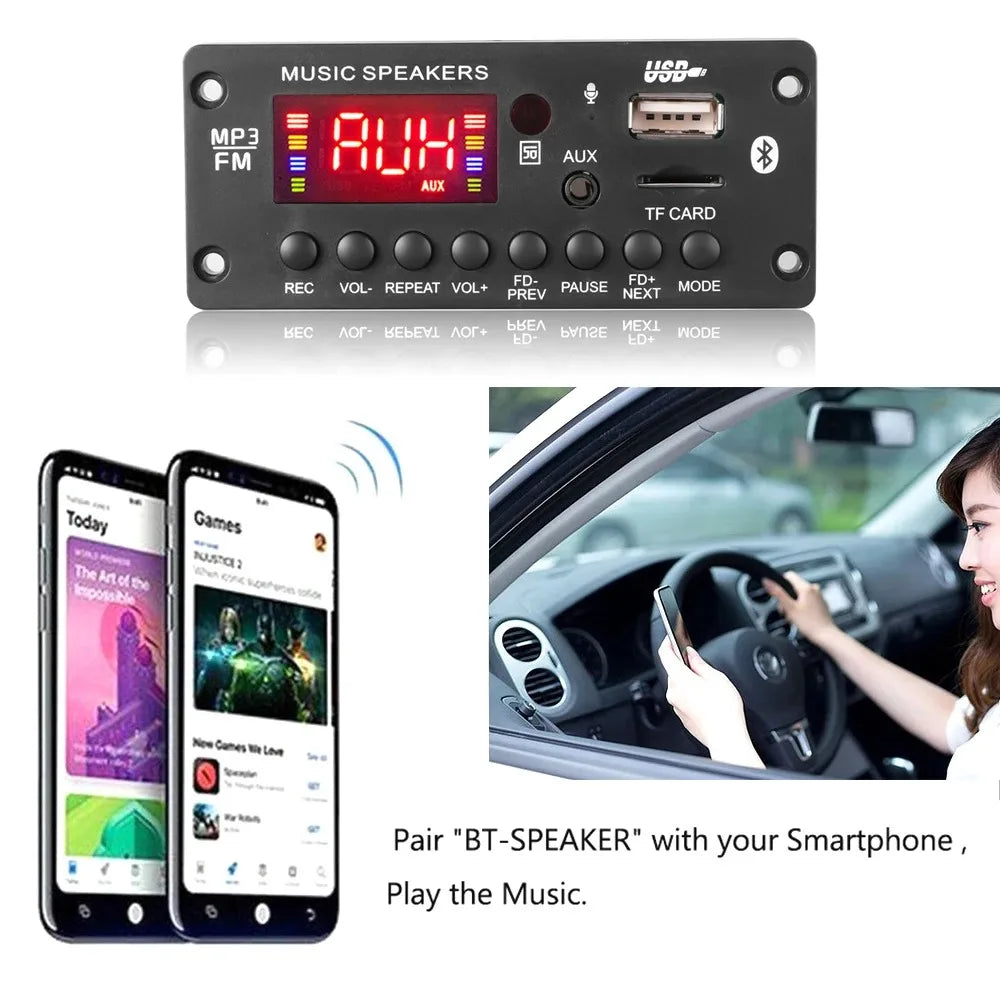 2*25W 50W Amplifier 12V MP3 Player Decoder Board Bluetooth 5.0 Car FM Radio Module TF USB AUX WMA Player Decoder Handsfree