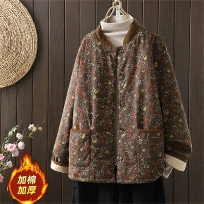 Women Retro Floral Plate Buckle Cotton Jacket Thickened Warm Cotton Clothing Cotton Linen Printed Autumn Winter Cotton Jacket