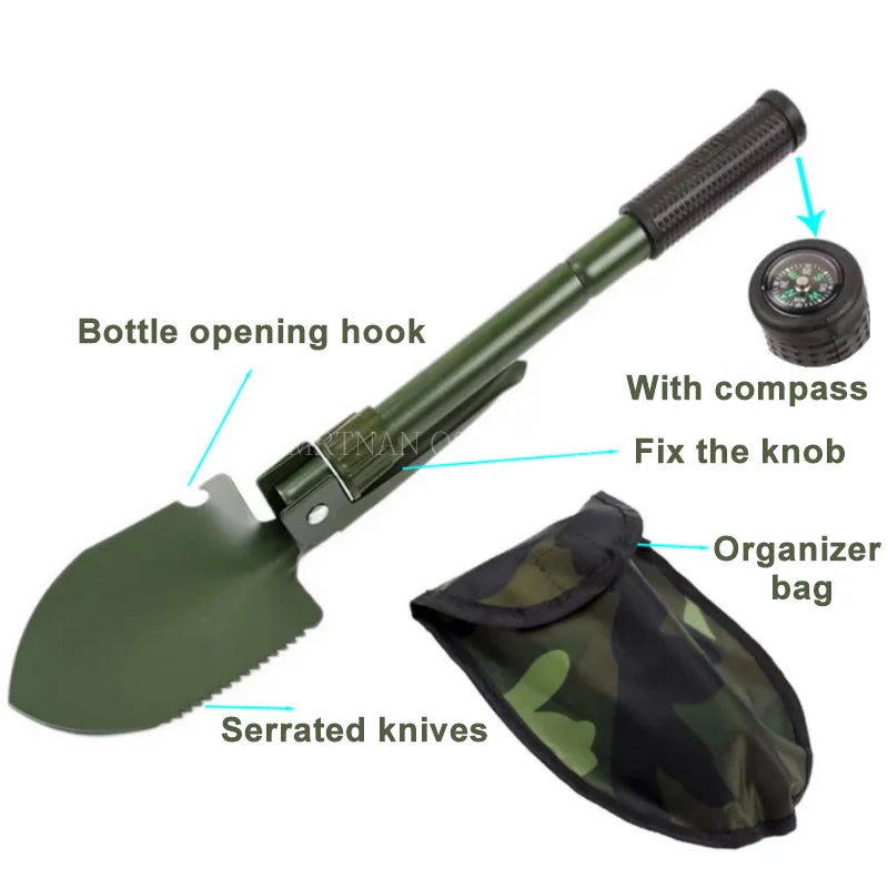 Foldable Portable Mounted Shovel Camping Tent Outdoor Shovel Self-defense Survival Tool Compass Storage Bag