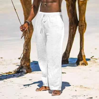 2025 New Men's Cotton Linen Pants Casual Loose Straight Pants Lightweight Drawstring Beach Trousers Mens Trousers