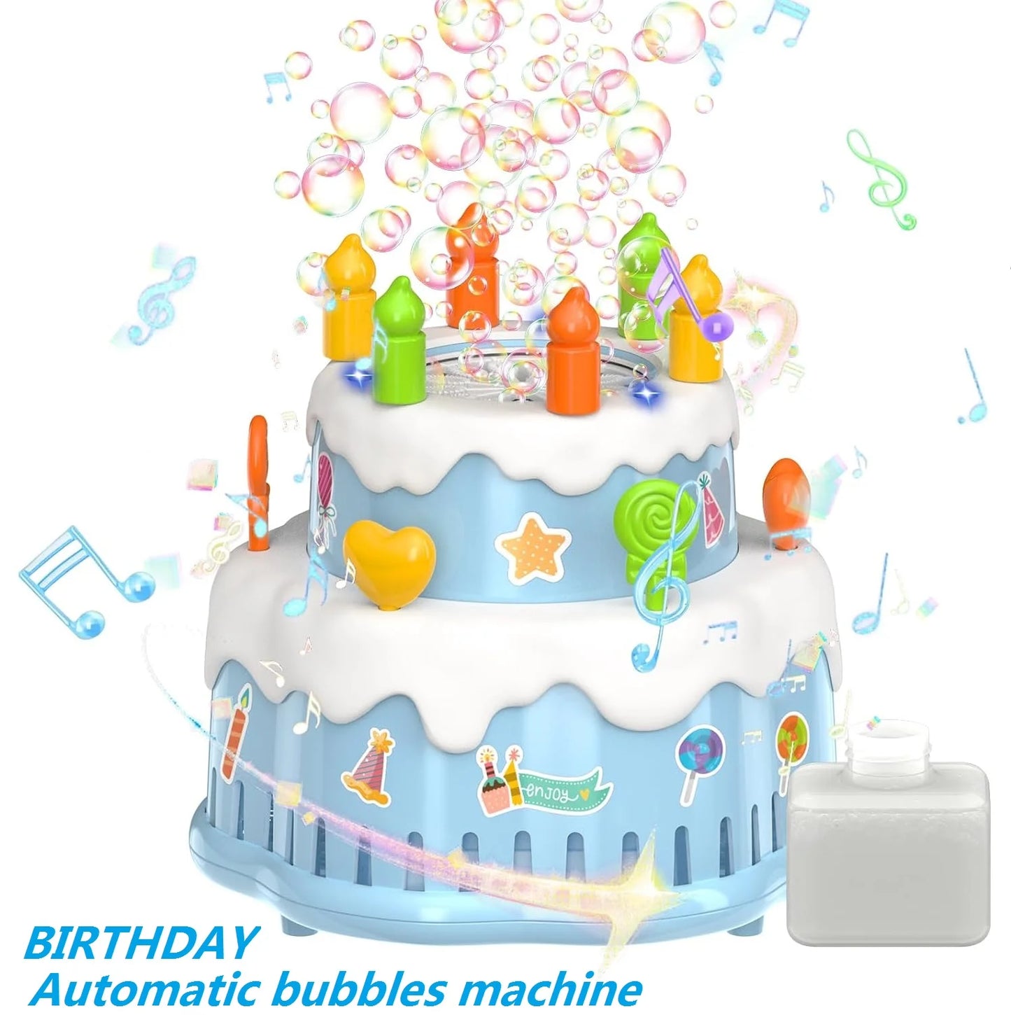 Birthday Cake Bubble Machine for Kids Automatic Bubble Blower 10000+ Bubbles Per Minute/Lights/Music Summer Bubble Maker Toys