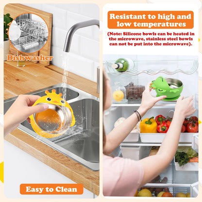 3Pcs Stainless Steel Baby Bowl with Removable Silicone Shell Anti Scald Toddler Suction Bowl for Baby Food Feeding Snack