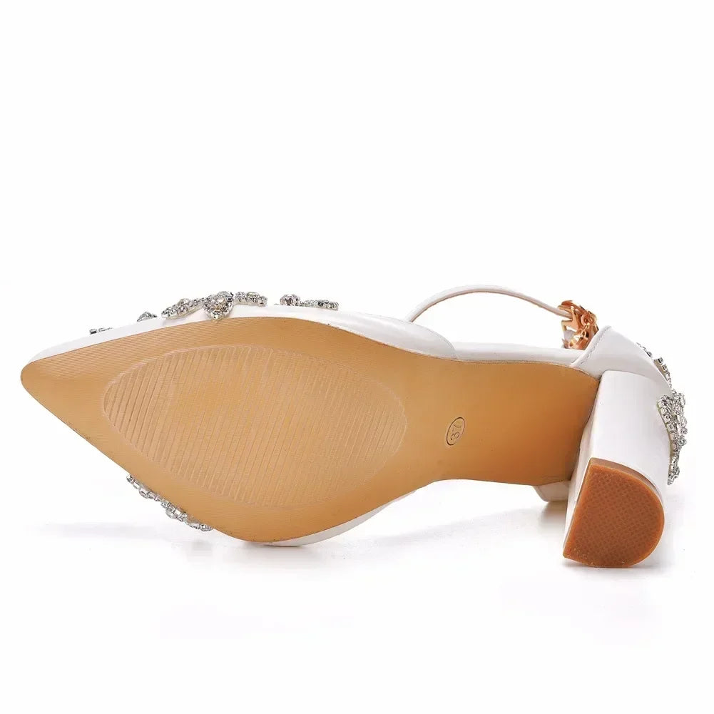 2025 Thick Heel Pointed Toe Shoes Large Size  Thick Heel Sandals Women Rhinestone Wedding Shoes Women White Wedding Shoes Drill