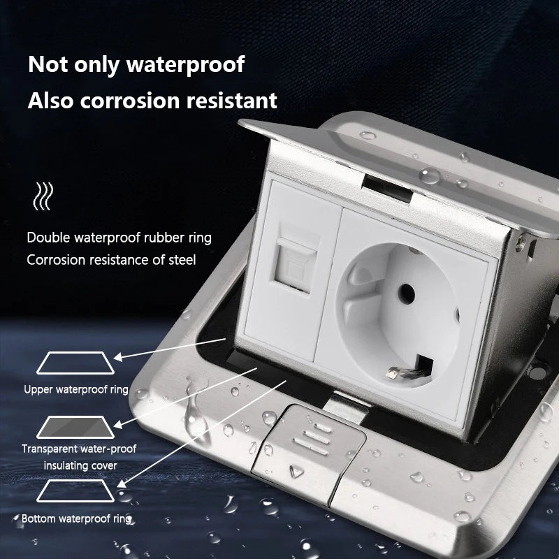European standard hidden pop-up computer floor socket 120*120mm Gold Stainless Steel Kitchen Bedroom waterproof USB outlet plug