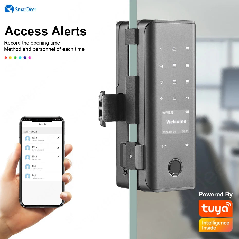 SmarDeer smart Lock with Sliding glass door Fingerprint Lock for Tuya Smart Home Aluminum Glass Door Electronic Lock