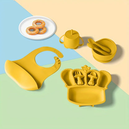 11pcs Silicone Baby Feeding Set: 1 Bowl, 1 Bib, 5-grid Plate, 2 Spoons & 2 Forks (Long & Short), 1 Cup with 2 Lids and 1 Straw