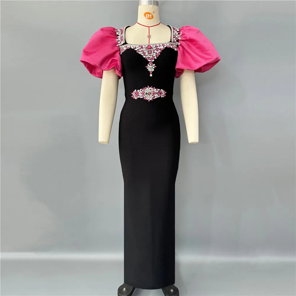 Women Elegant Puff Sleeve Bandage Dress Sexy Beading Bodycon Clothes Celebrity Party Evening Maxi Dresses