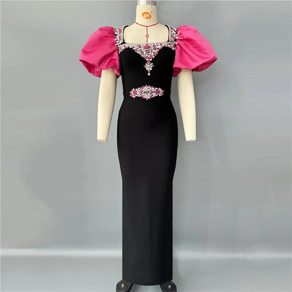 Women Elegant Puff Sleeve Bandage Dress Sexy Beading Bodycon Clothes Celebrity Party Evening Maxi Dresses