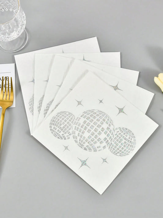 20 disposable silver-printed disco party cocktail napkins, party tableware, birthday engagement graduation party decorations