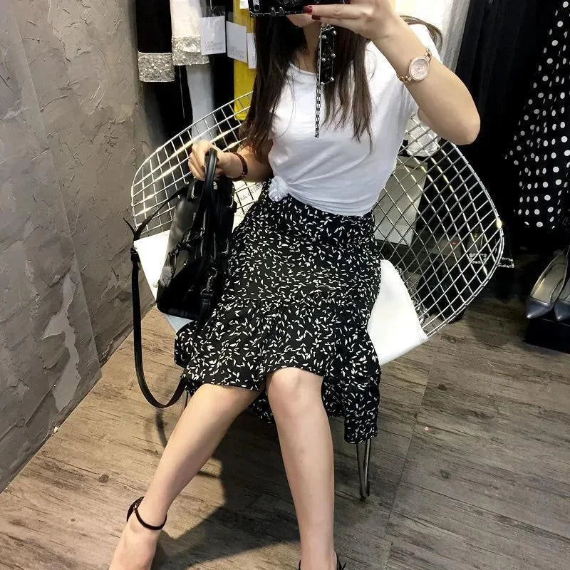 Floral Skirts for Women Midi Clothing Maxi Long Chiffon Flare Womens Skirt Fashion Chic and Elegant High Quality Aesthetic Trend