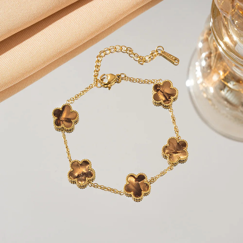 Double Sided Five-Leaf Flower Bracelet For Women Adjustable 18k Plated Gold Stainless Steel Five Point Star Clover Party Jewelry