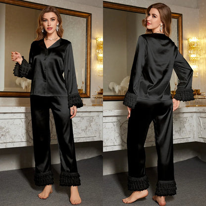 Womens Silk Satin Pajamas Sleepwear Women's Lace Cuff Loungewear Suit Female Sleep Two Piece Set