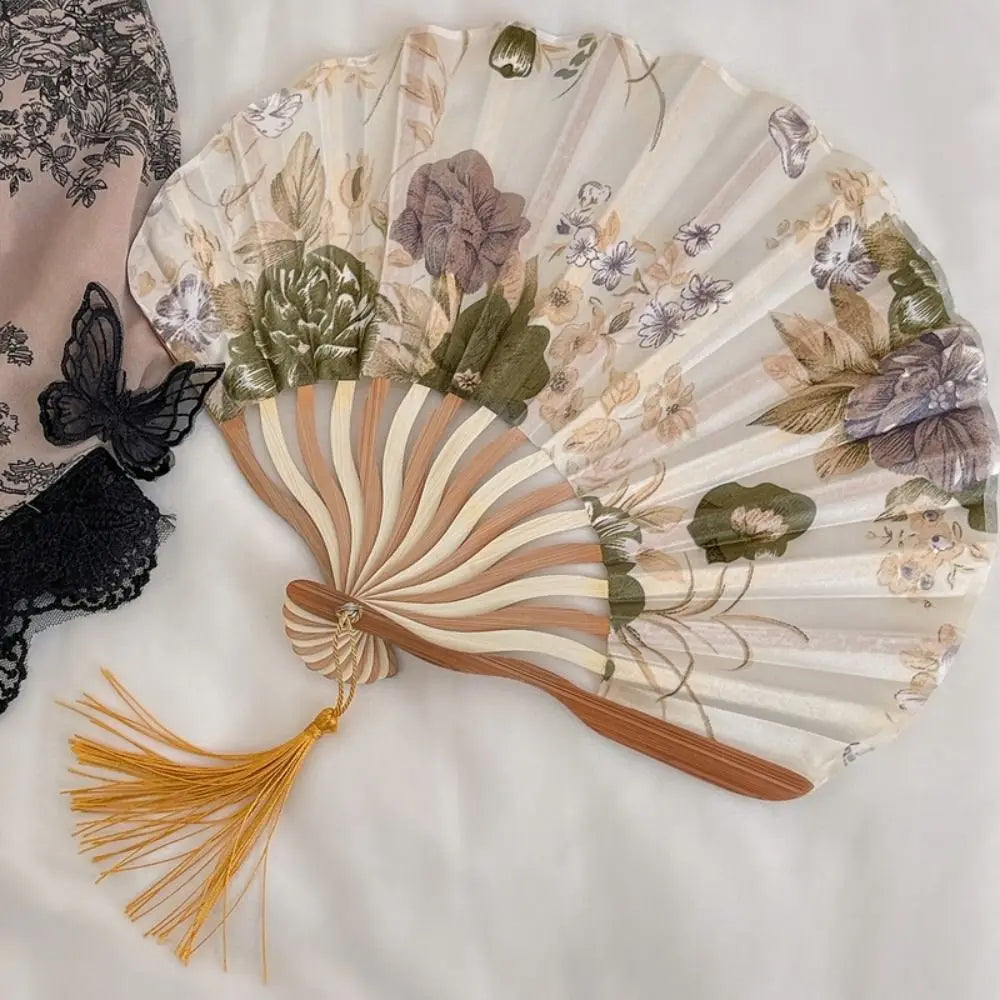 Portable Hand Fold Fan New Chinese Style Dance Props Retro Shell Fan Woman Men Bamboo Wood Silk Flower Folding Fan