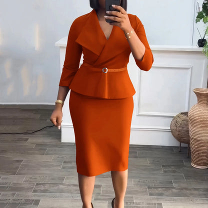 Elegant Office Dresses for Woman V Neck Full Sleeve Belt Waisted Sheath Package Hips Mid Calf Formal Business Work Wear Gowns OL
