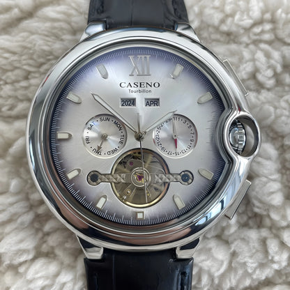 CASENO Fashion Trend Men's Blue Light Glass Night Light Scale Multi functional Fully Automatic Tourbillon Mechanical Watch 831BG